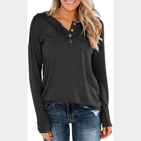 CHVITY PLAIN HENLEY SHIRTS FOR WOMEN BUTTON LONG SLEEVE TOPS TUNICS CASUAL BLOUSES BLACK, 2XL