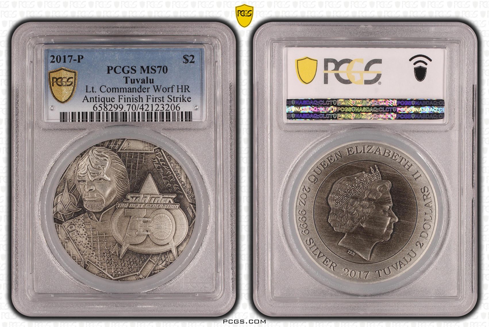 Tuvalu, Lt. Commander Worf HR, POP 2/0, Two Dollar, 2017-P, PCGS MS70