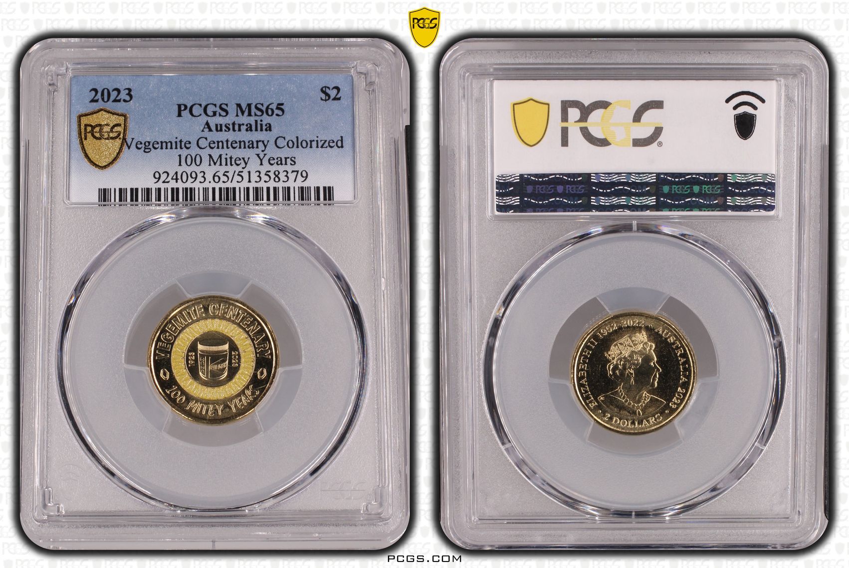 Vegemite Centenary Colorized 100 Mitey Years, Two Dollar, 2023, PCGS MS65