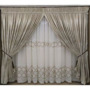 Curtain Set 5 5m Vmate WATERFALL TAPE 5m 18108 Linen Embroidered Voile Readymade Curtain Set |