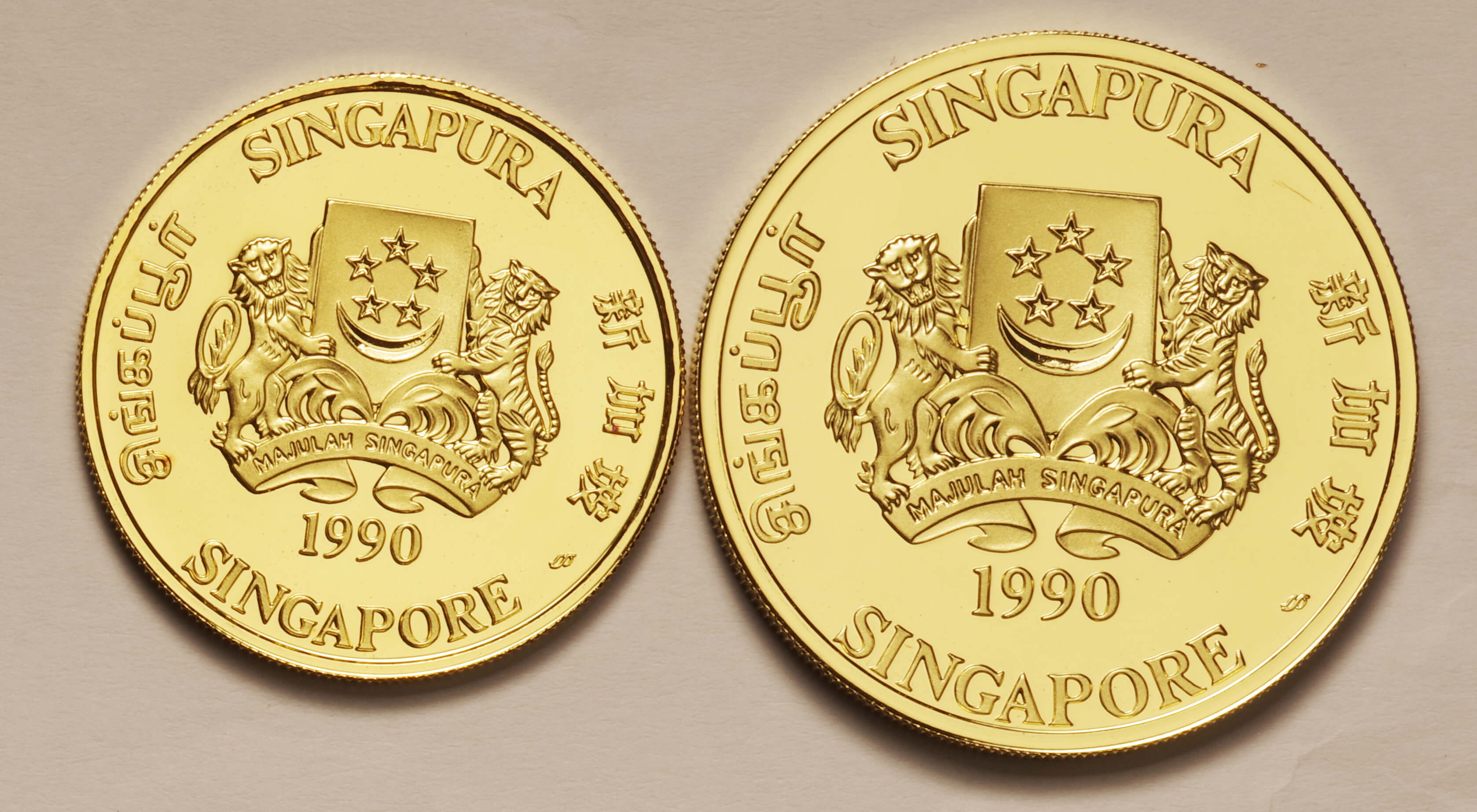 シンガポール-Singapore. ライオン図 プルーフ金貨5種揃 1990年
