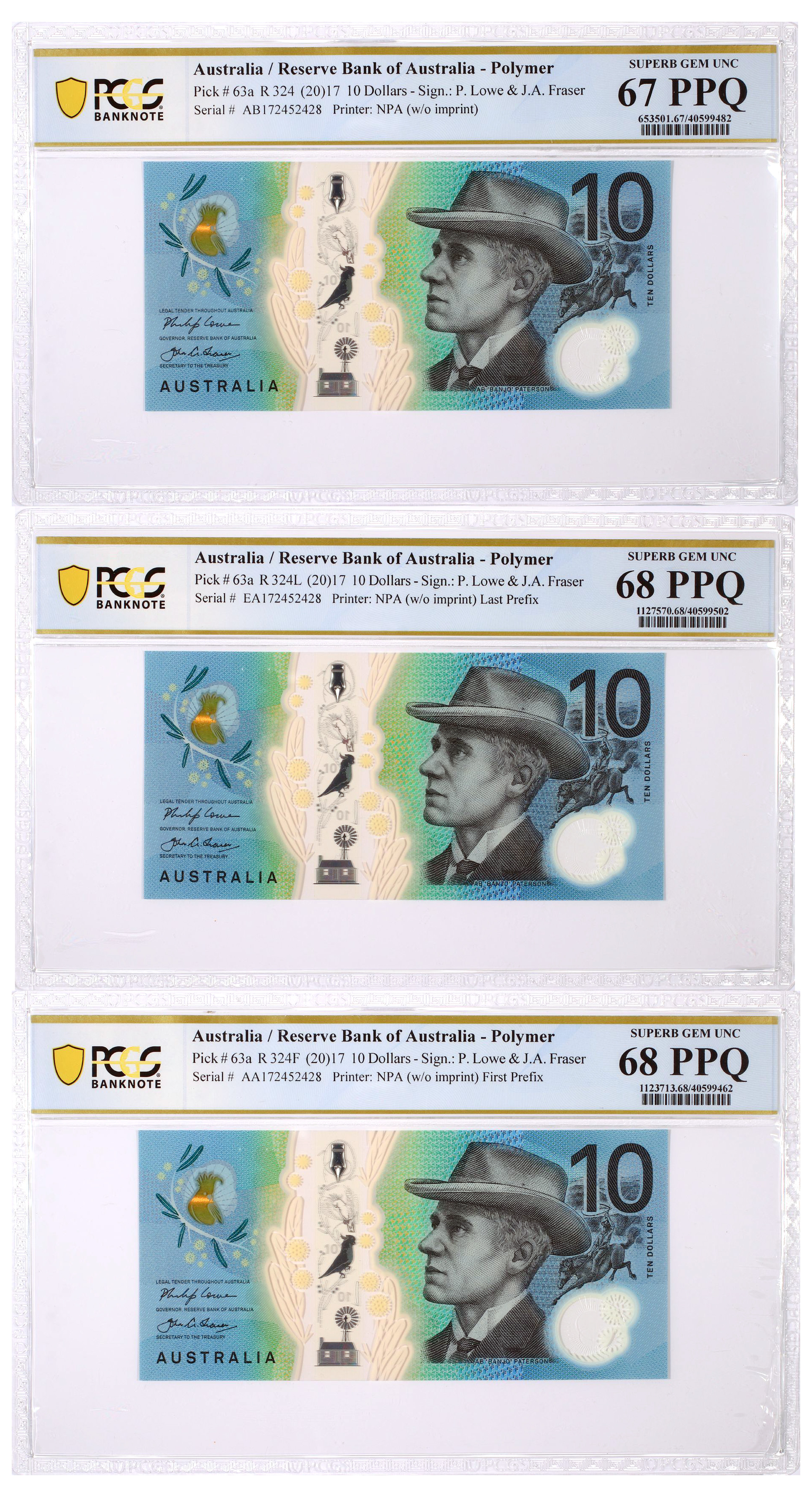Lowe/Fraser, First/Last Prefix Trio, Ten Dollar, 2017, PCGS 67/68 PPQ