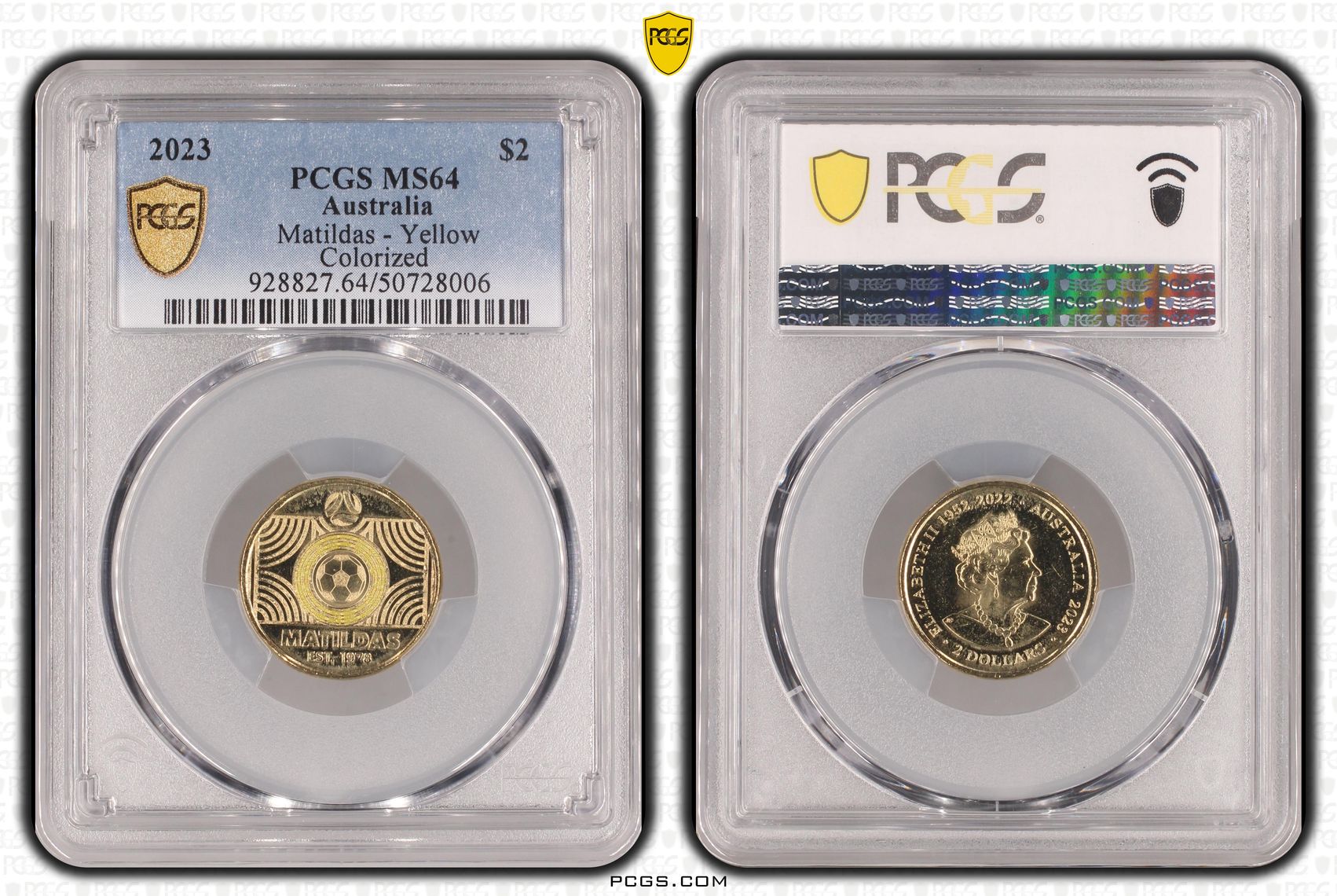 Matildas - Yellow Colorized , Two Dollar, 2023, PCGS MS64