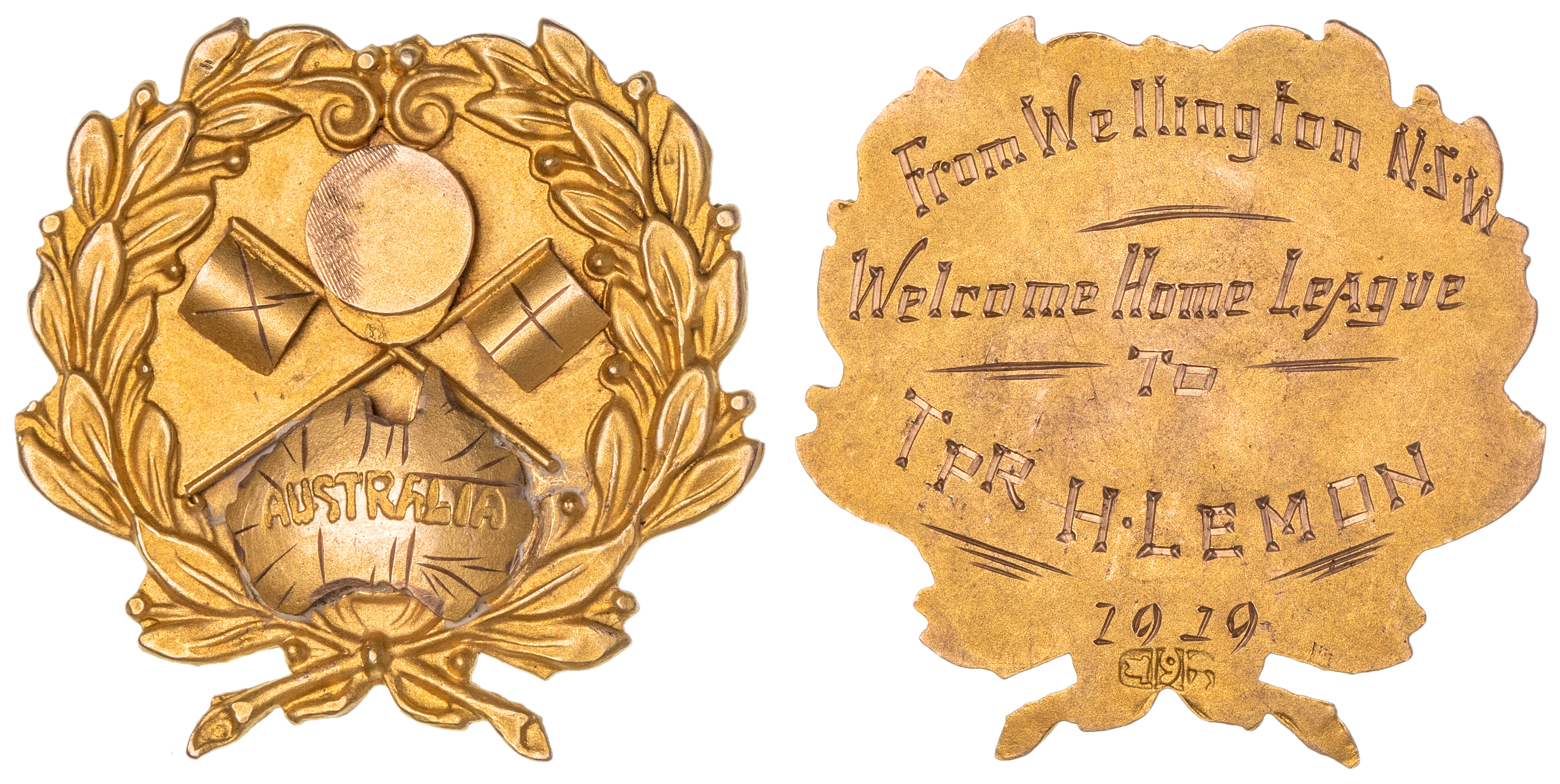 317 · Wellington, New South Wales, WWI Returned Soldiers Gold Fob Medal,