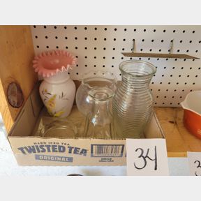 Hand painted handblown ruffled vase and other glass containers