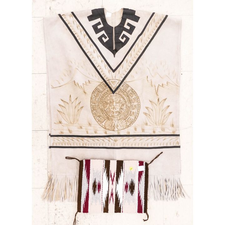 2pc Mexican Leather Poncho & Navajo Small Rug Mat (LL)
