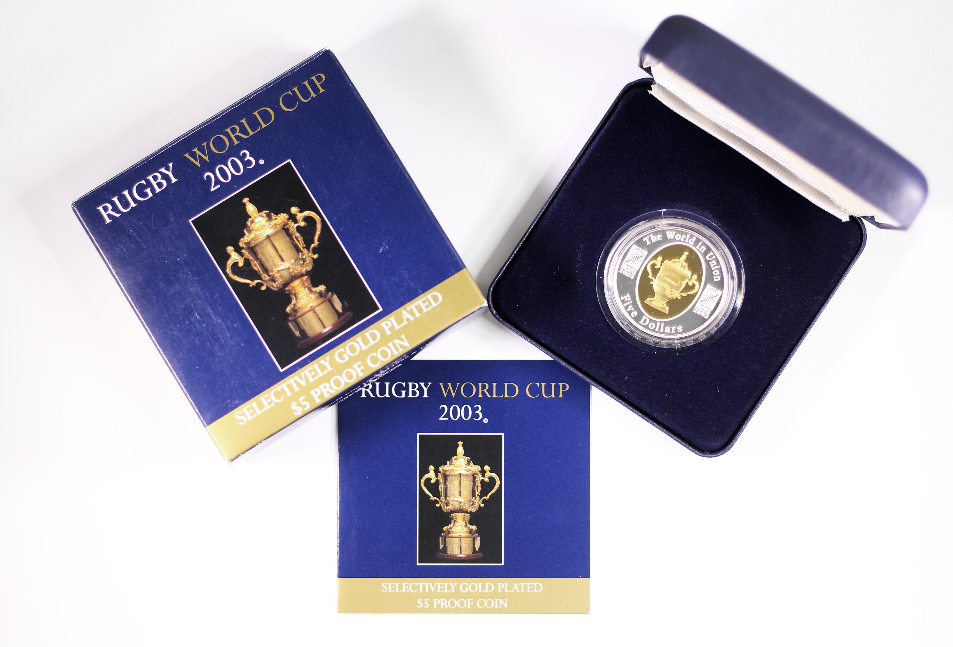 2003 RAM Rugby World Cup 1oz Silver Selectively Gold Plated $5 Proof Coin