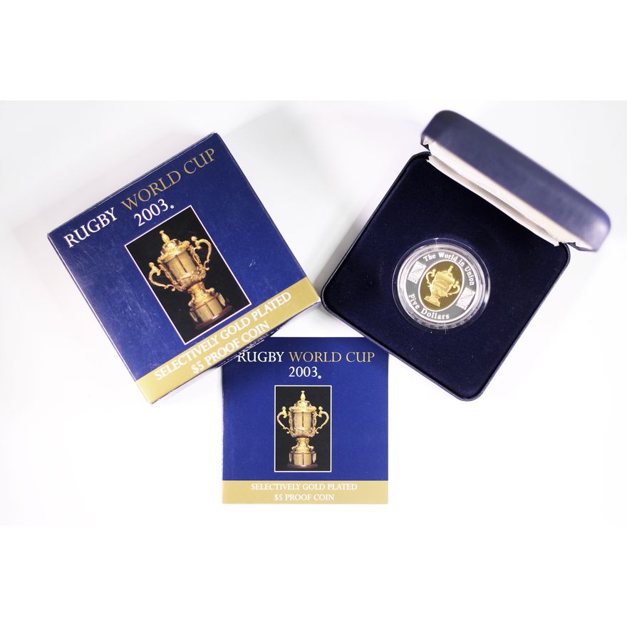 2003 RAM Rugby World Cup 1oz Silver Selectively Gold Plated $5 Proof Coin