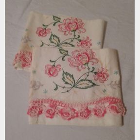 Pair of Vintage Hand Embroidered Pink Flower Pillow Cases with Flower Tatted Trim