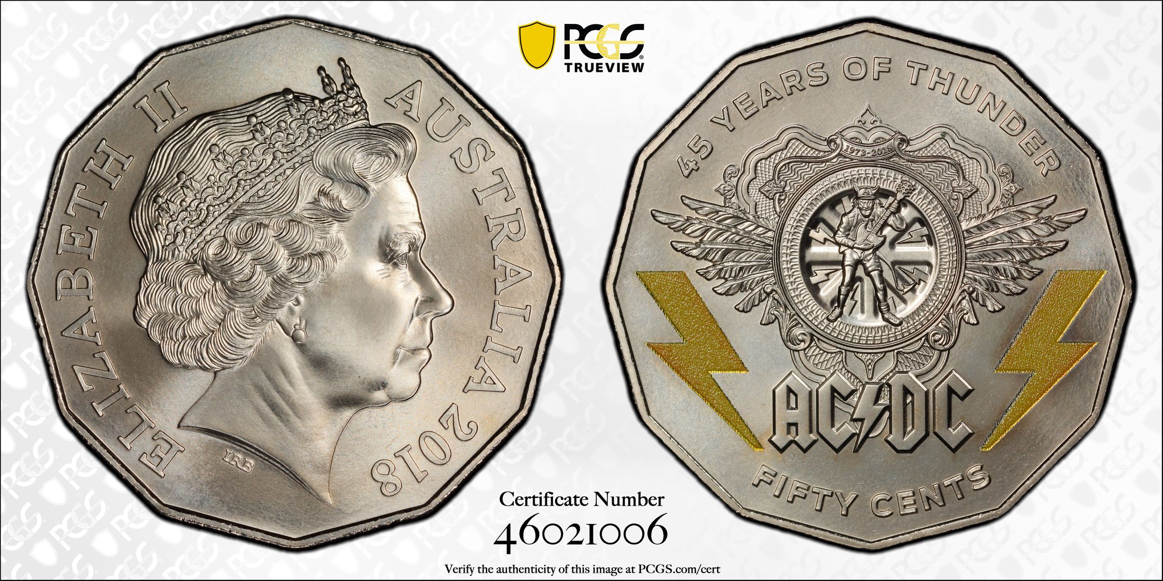 AC/DC 45 Years of Thunder, Fifty Cent, 2018, PCGS MS69