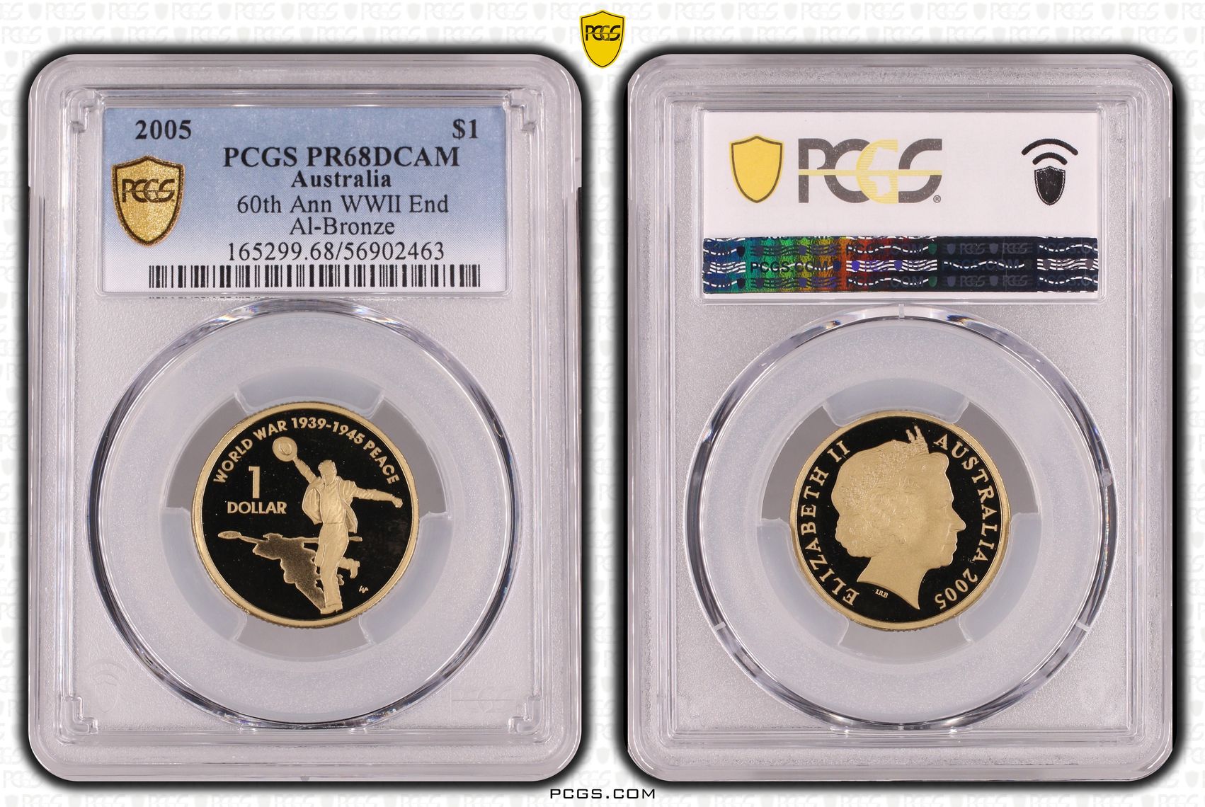 60th Ann WWII End, One Dollar, 2005, PCGS PR68DCAM