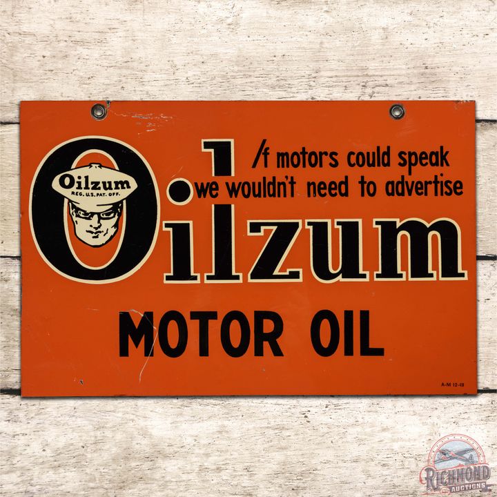 1949 Oilzum Motor Oil "If Motors Could Speak" Double Sided Tin Sign w/ Oswald