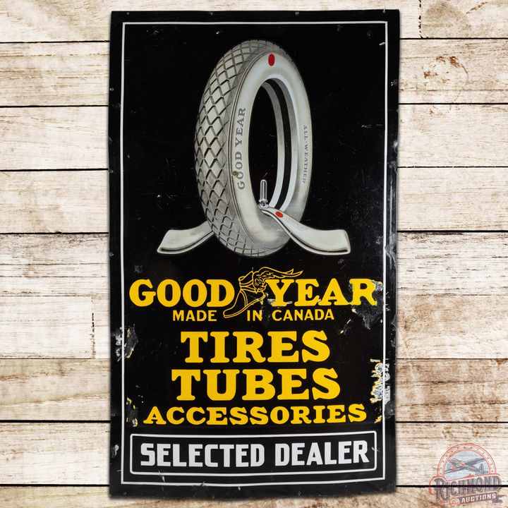 Goodyear Tires Tubes Accessories Selected Dealer SS Porcelain Sign w/ Early Tire