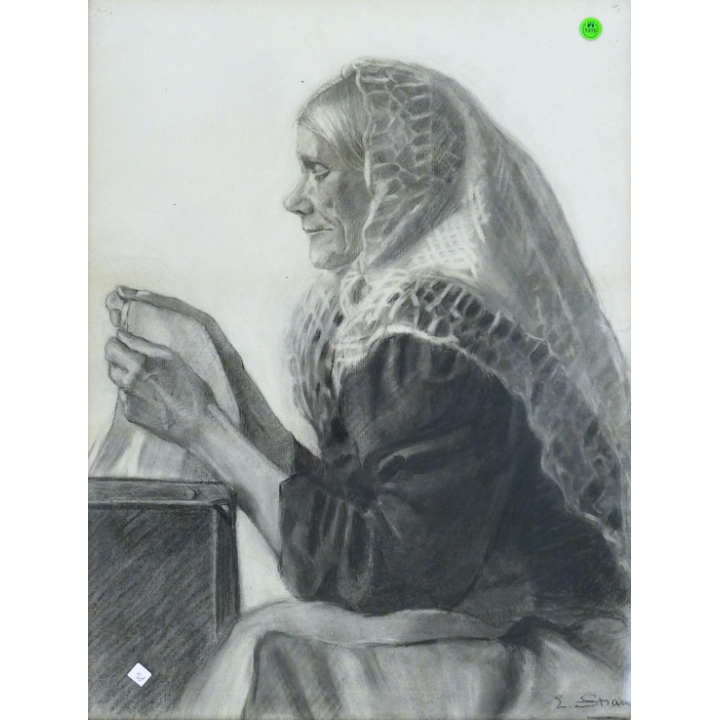 Raphael Strauss ''Woman at Table'' Charcoal Framed 26''x20''