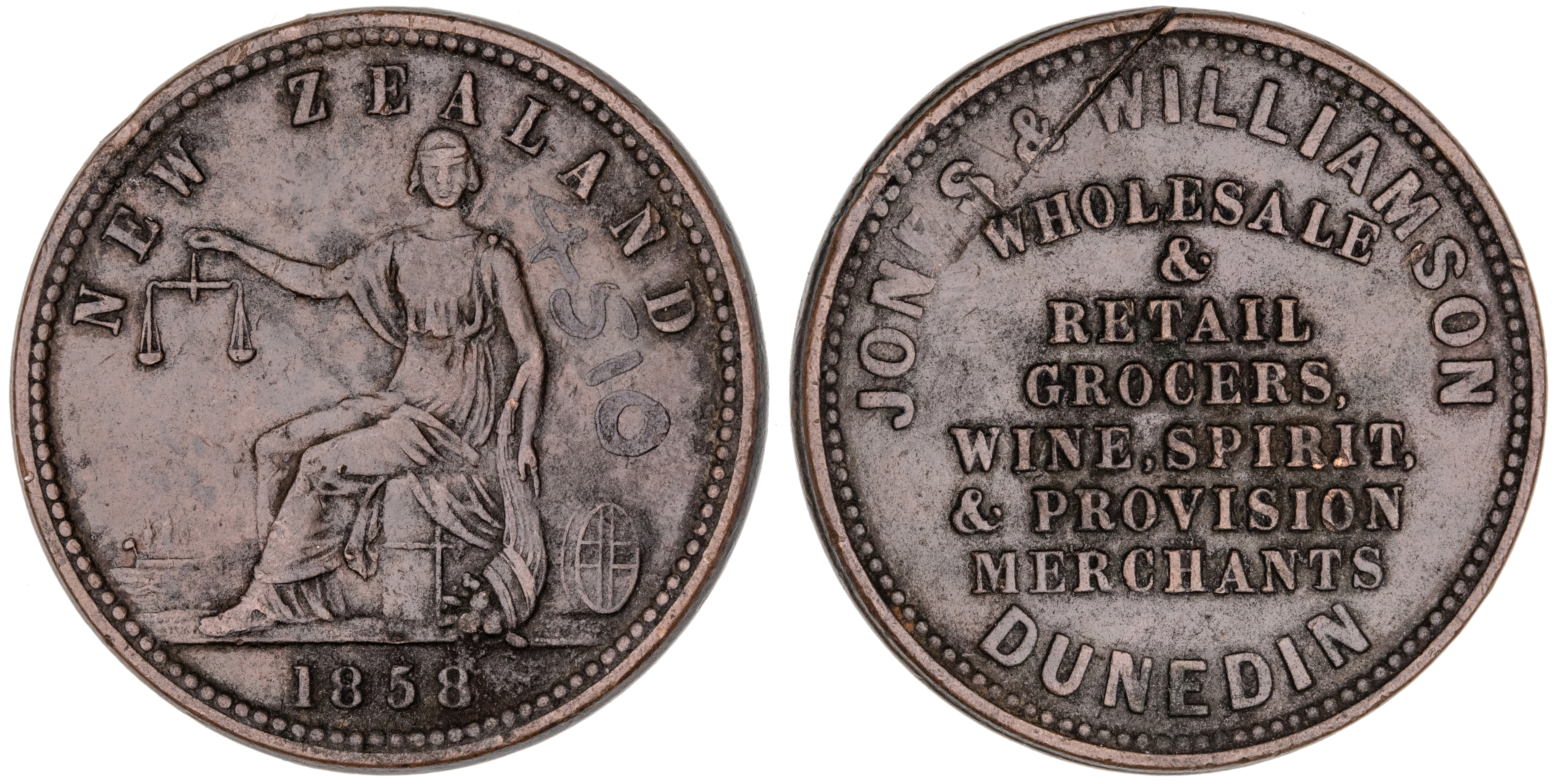 401 · Dunedin, New Zealand, Jones & Williamson, Penny, 1858, gVF