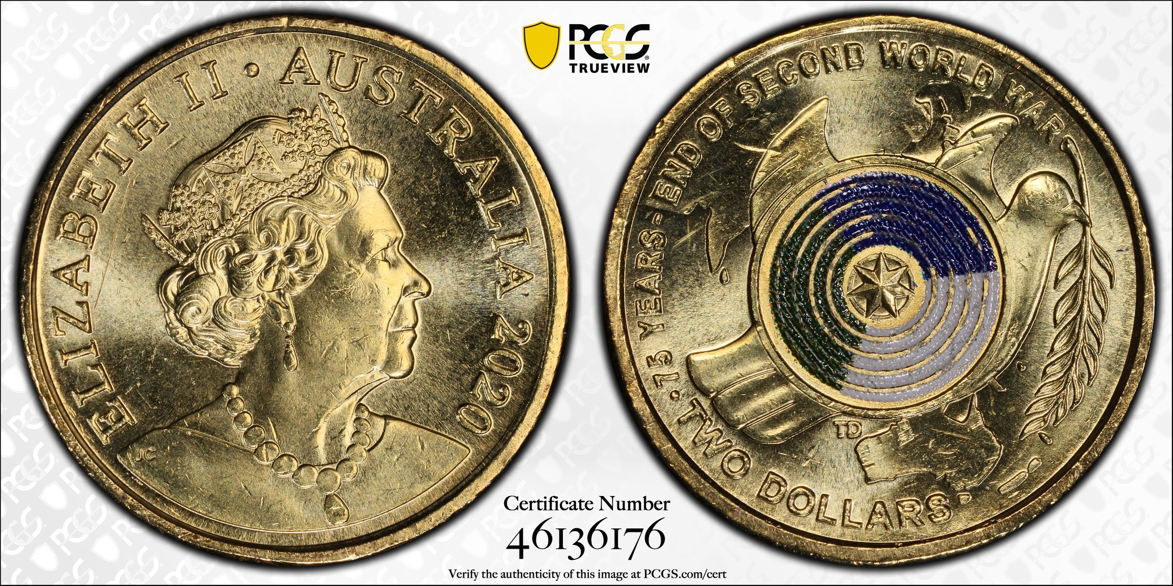 Elizabeth II, 75th Ann End of WWII, Two Dollar, 2020, PCGS MS65