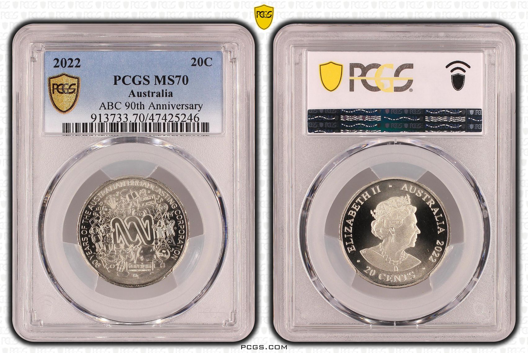 ABC 90th Anniversary, Twenty Cent, 2022, PCGS MS 70