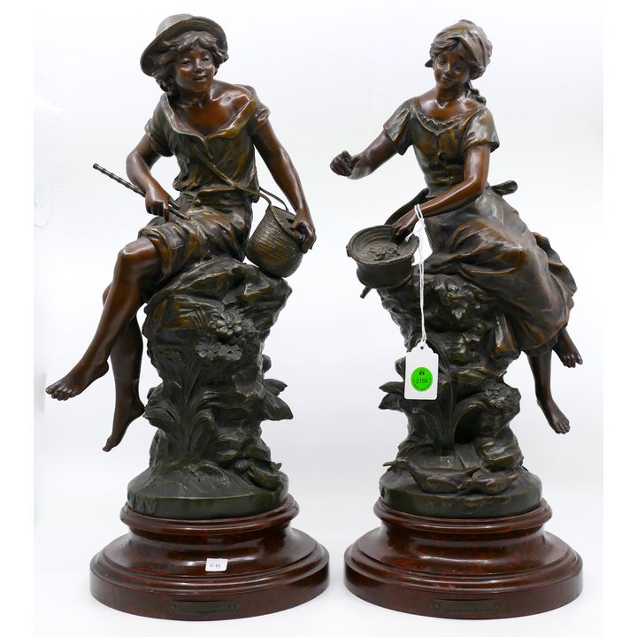 Pair Antique Moreau Britannia Mantle Sculptures 18''