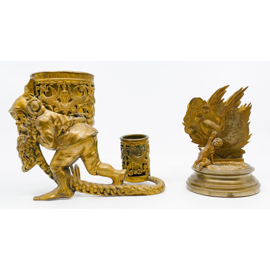 2pc Antique Gilt Metal Gnome Cigarette Holder and Letter Holder 5'' and 6''
