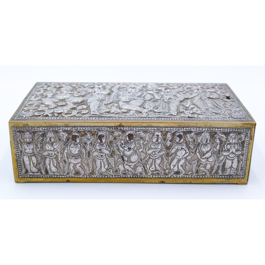 Ornate India Silver Repousse over Brass Box 7''