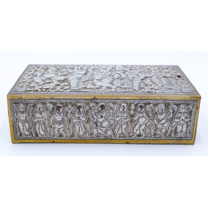 Ornate India Silver Repousse over Brass Box 7''