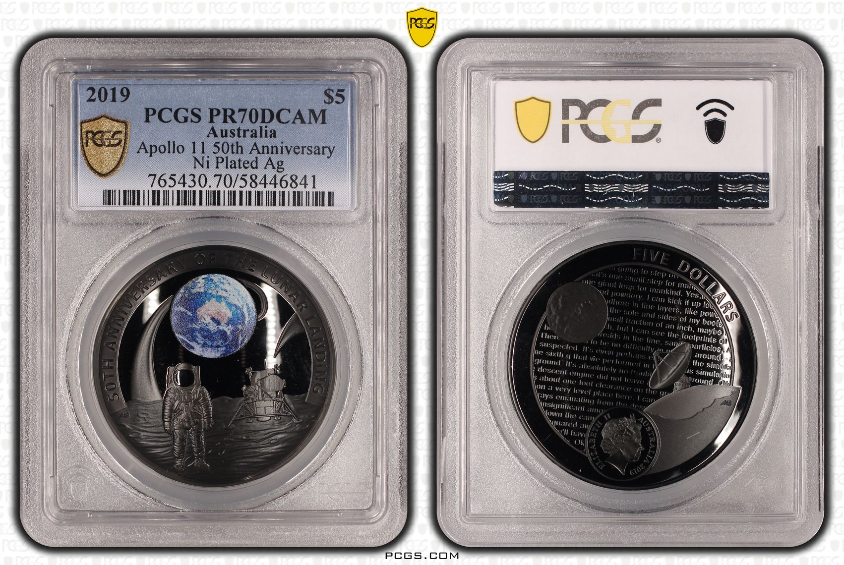 Apollo 11 50th Anniversary Ni Plated Silver, Five Dollars, 2019, PCGS PR70DCAM