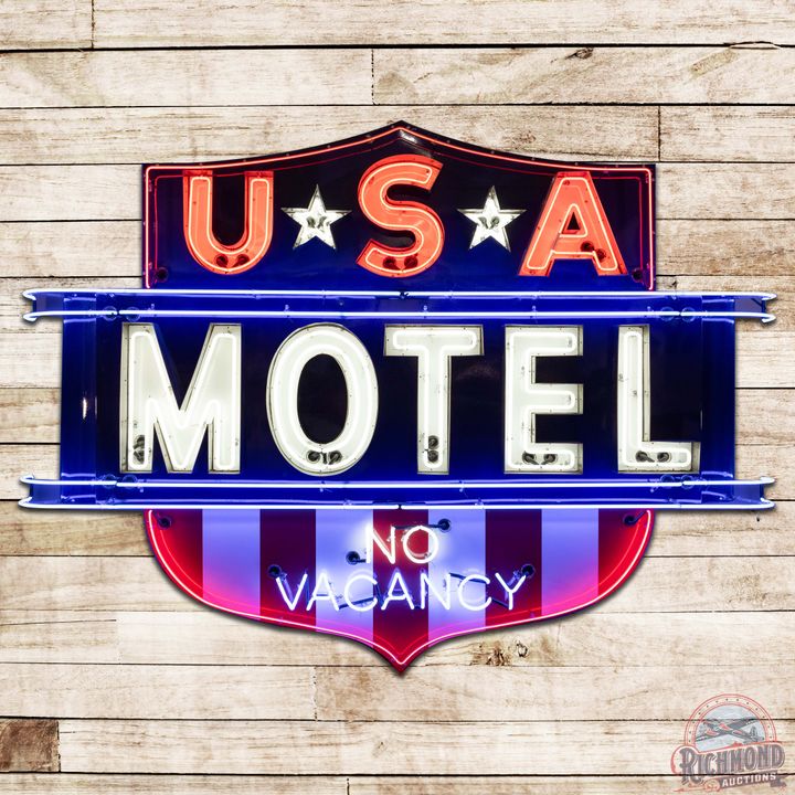 USA Motel SS Porcelain Neon Sign w/ Stars & Stripes