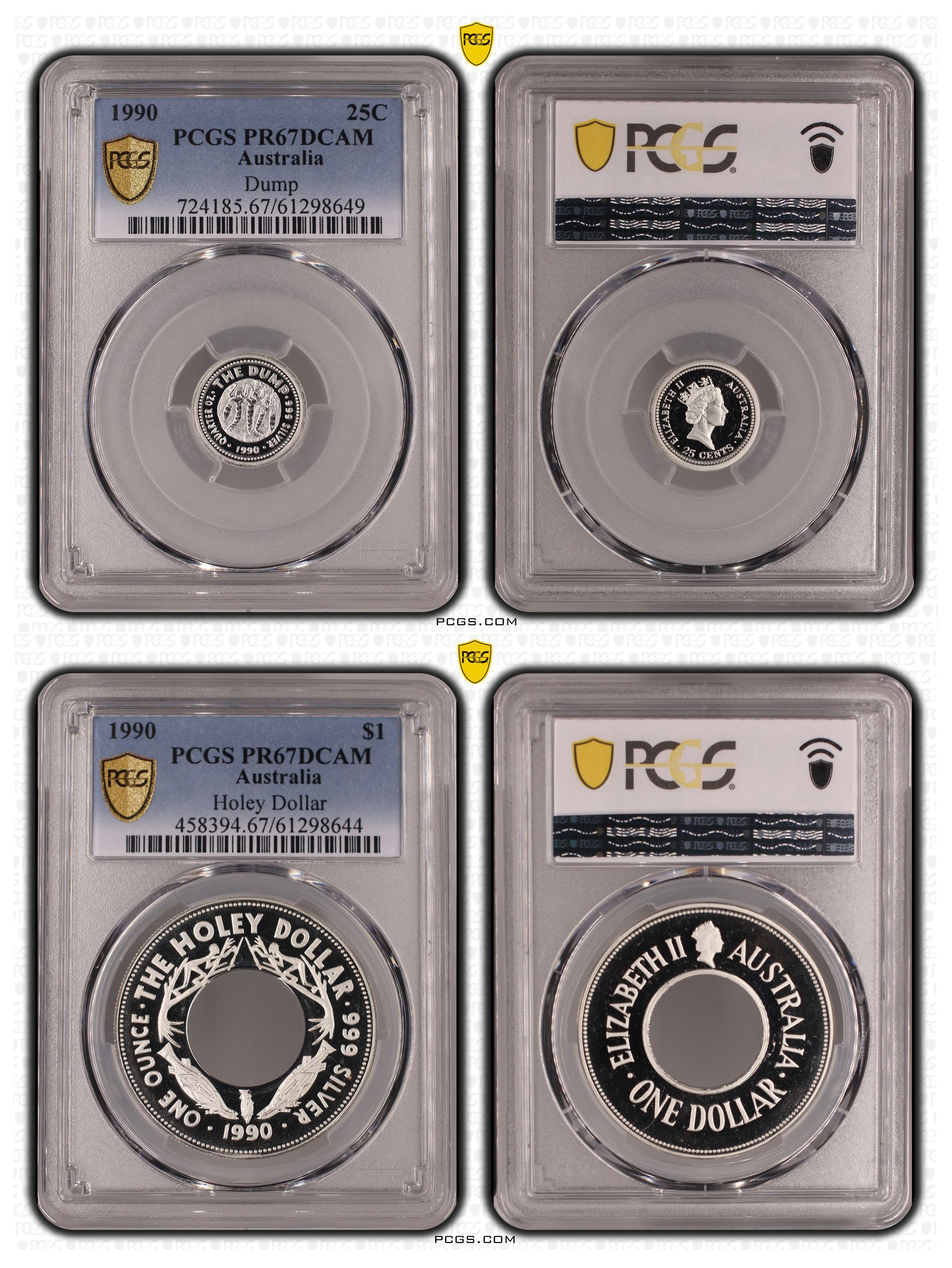 Holey Dollar and Dump, Twenty Five Cent - One Dollar, 1990, PCGS PR67DCAM