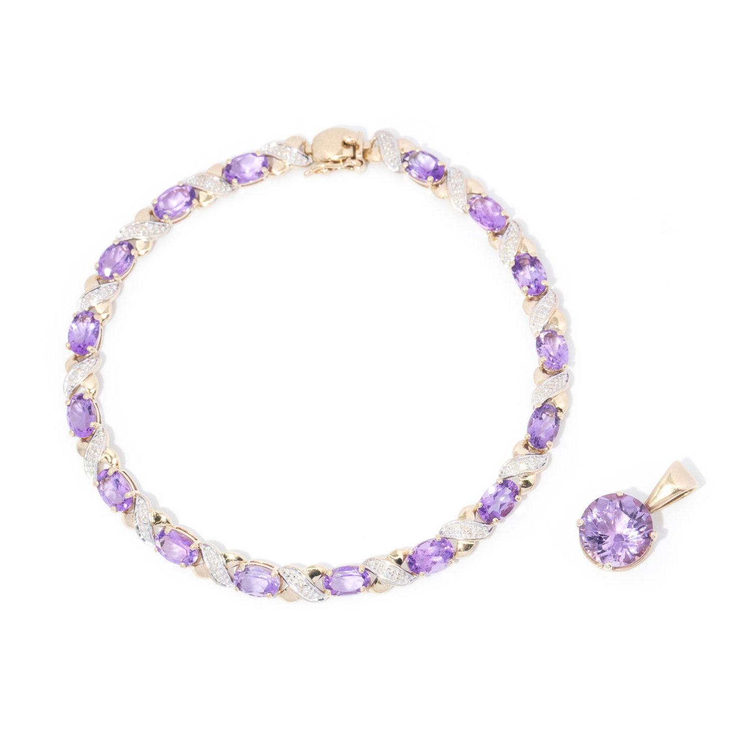 9ct Amethyst and Diamond Bracelet and Amethyst Pendant