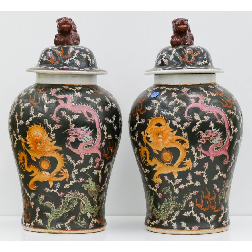 Pair Chinese Black Dragon Large Jars 18''x10''