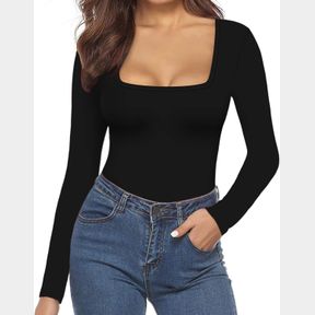 MANGOPOP SQUARE NECK BODYSUIT LONG SLEEVE FOR WOMEN SHORT SLEEVE BODY SUIT GOING OUT TOPS SHIRTS BLACK-LARGE