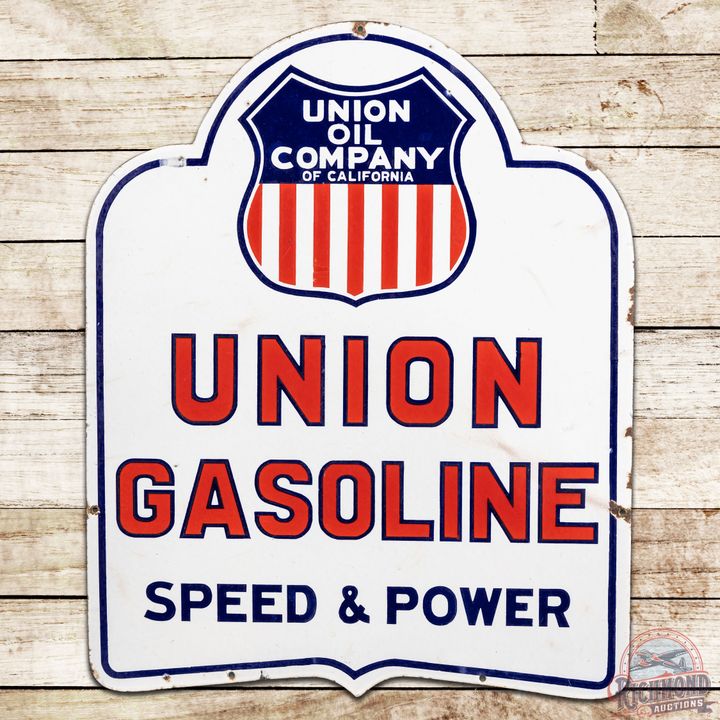 Union Oil Company of California Gasoline Speed & Power DS Porcelain Sign w/ Shield Logo