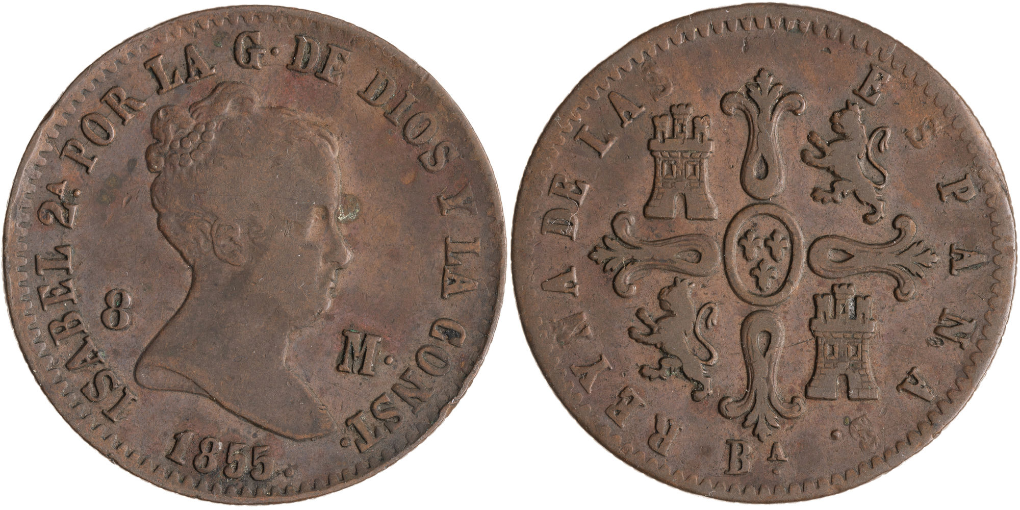 Spain, Isabella II, Eight Maravedis, 1855-BA,