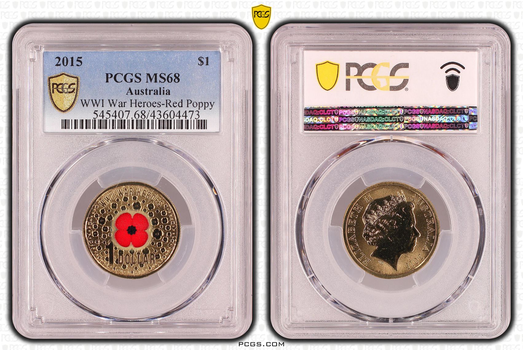 2015 Australia One Dollar, $1 WWI War Heroes-Red Poppy PCGS - MS68 -473