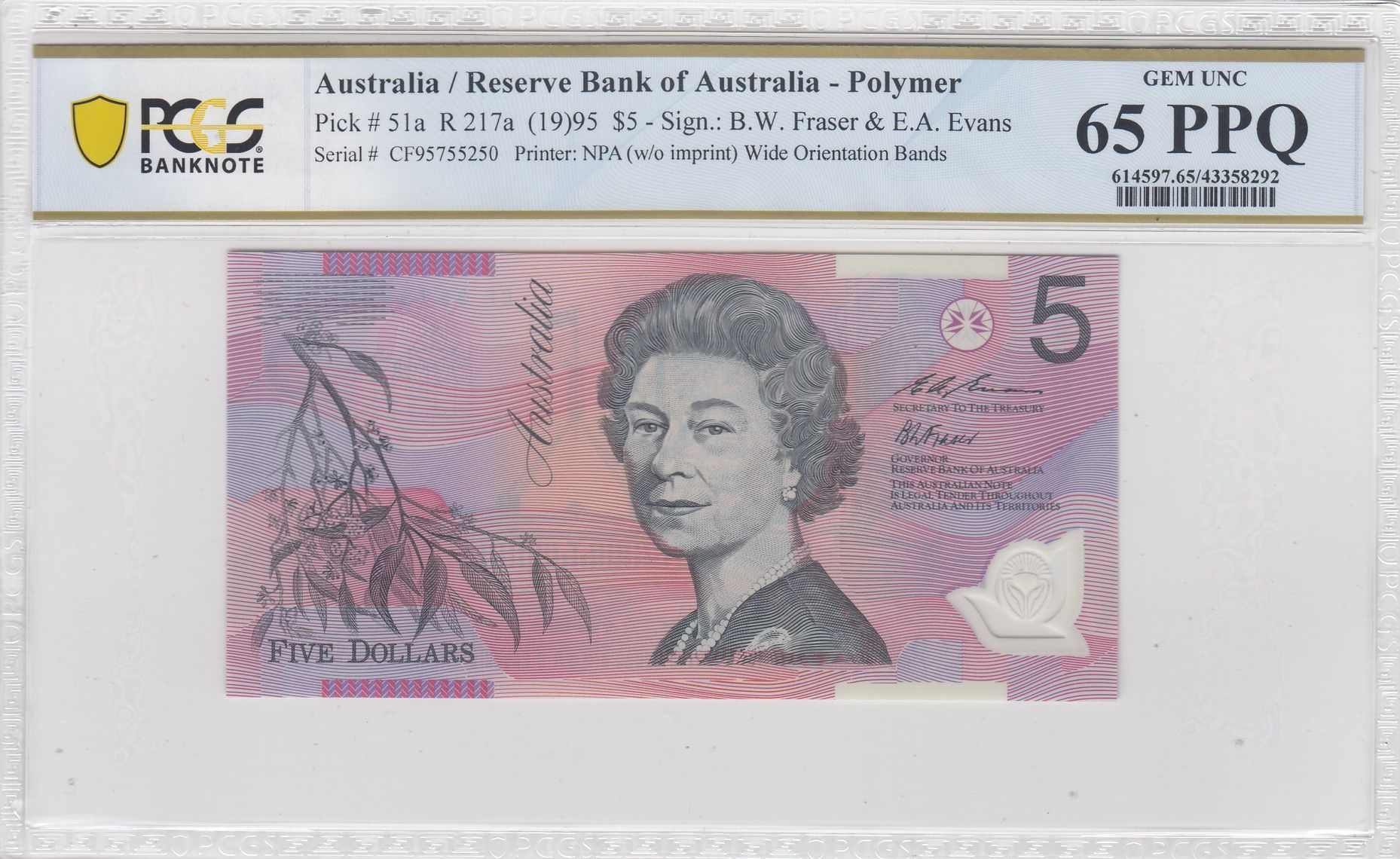 1995 $5 Fraser/Evans Gem Unc 65 PPQ