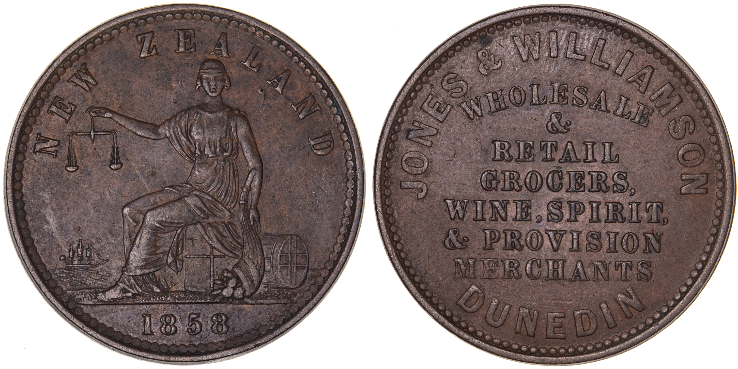 A.150 - Jones & Williamson, Dunedin, Penny, 1858, gVF