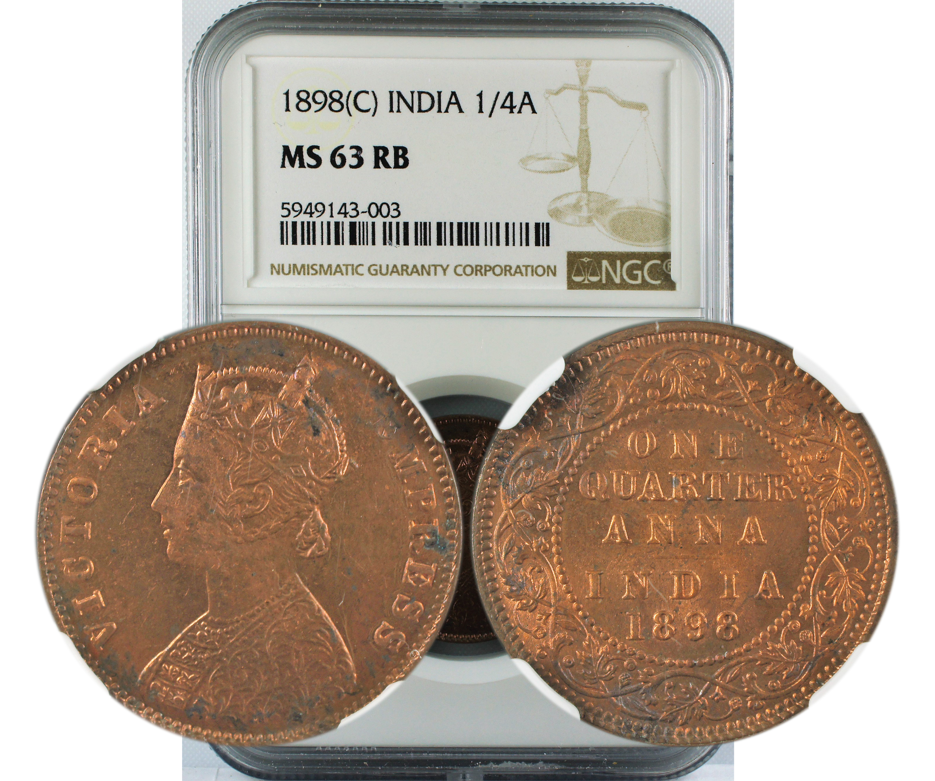 1898 C INDIA 1/4ANNA MS63 RB