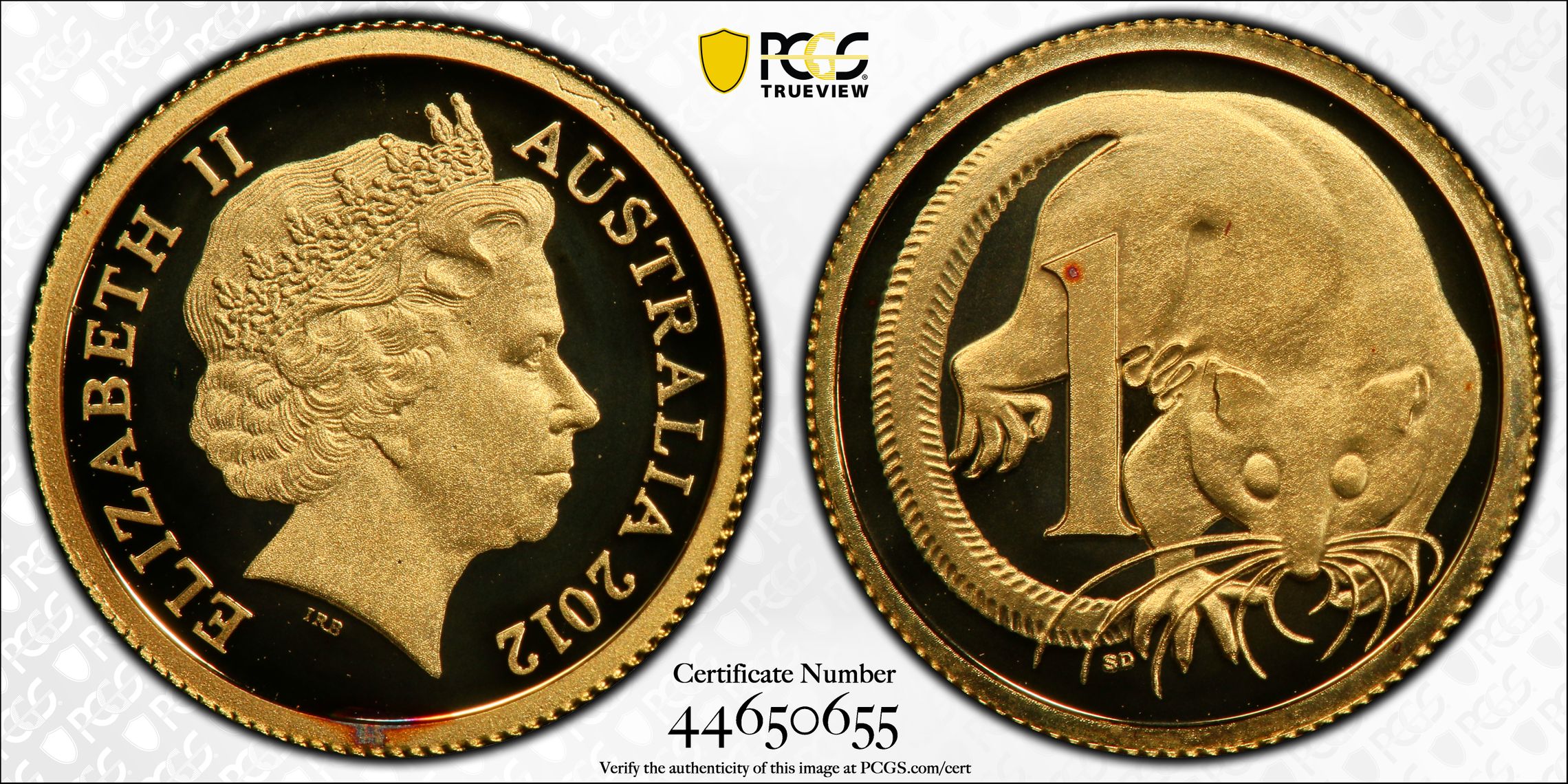 2012 Australia One Cent, 1c 99.99% Gold Possum PCGS - PR69DCAM -655