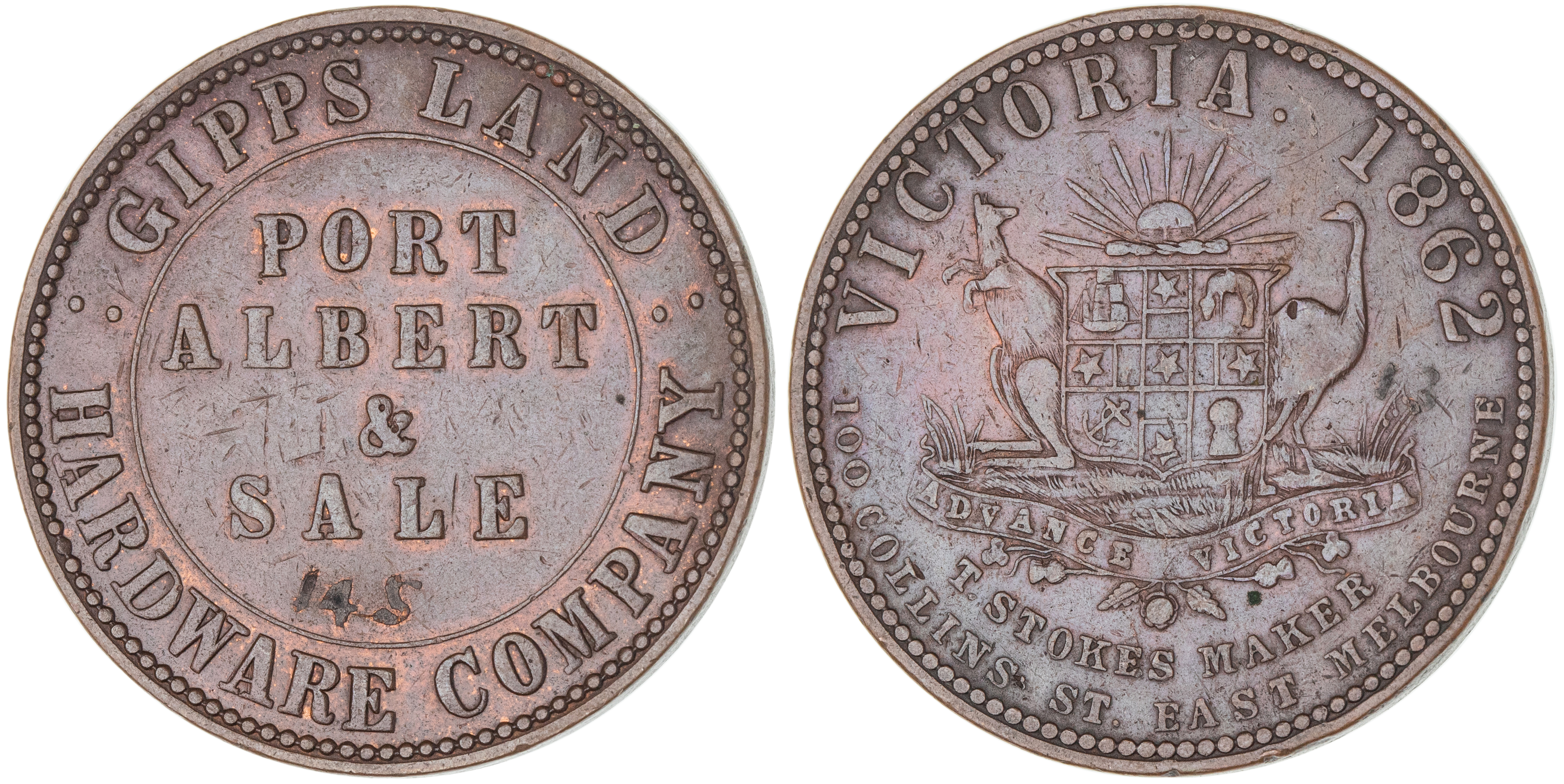Port Albert & Sale, Victoria, Gippsland Hardware, Penny, 1862, VF
