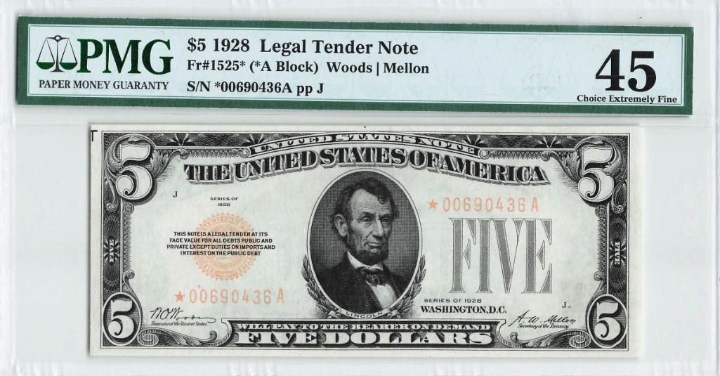 1928 Fr. 1525* PMG Choice Extremely Fine 45 5 Dollars Legal Tender Note