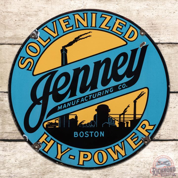 Rare Jenney Solvenized Hy-Power Gasoline 12" Single Sided Porcelain Pump Plate Sign "Factory Scene"