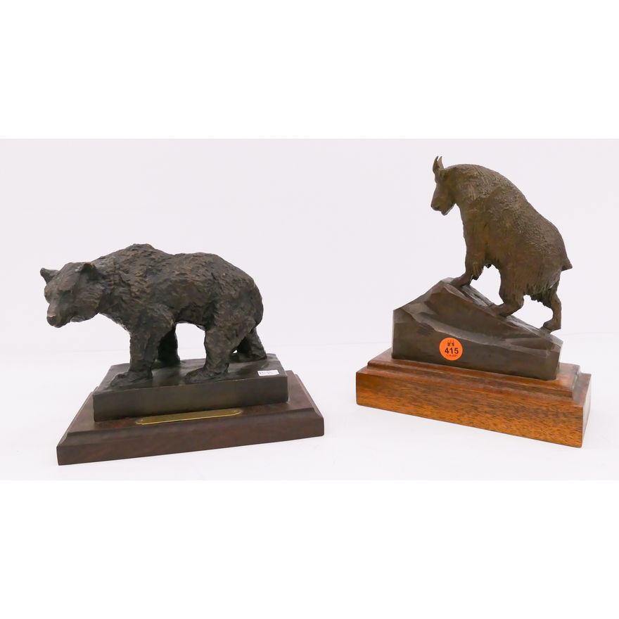 2pc Montana Western Bronze Sculptures- Bear & Mountain Goat- 8'' each