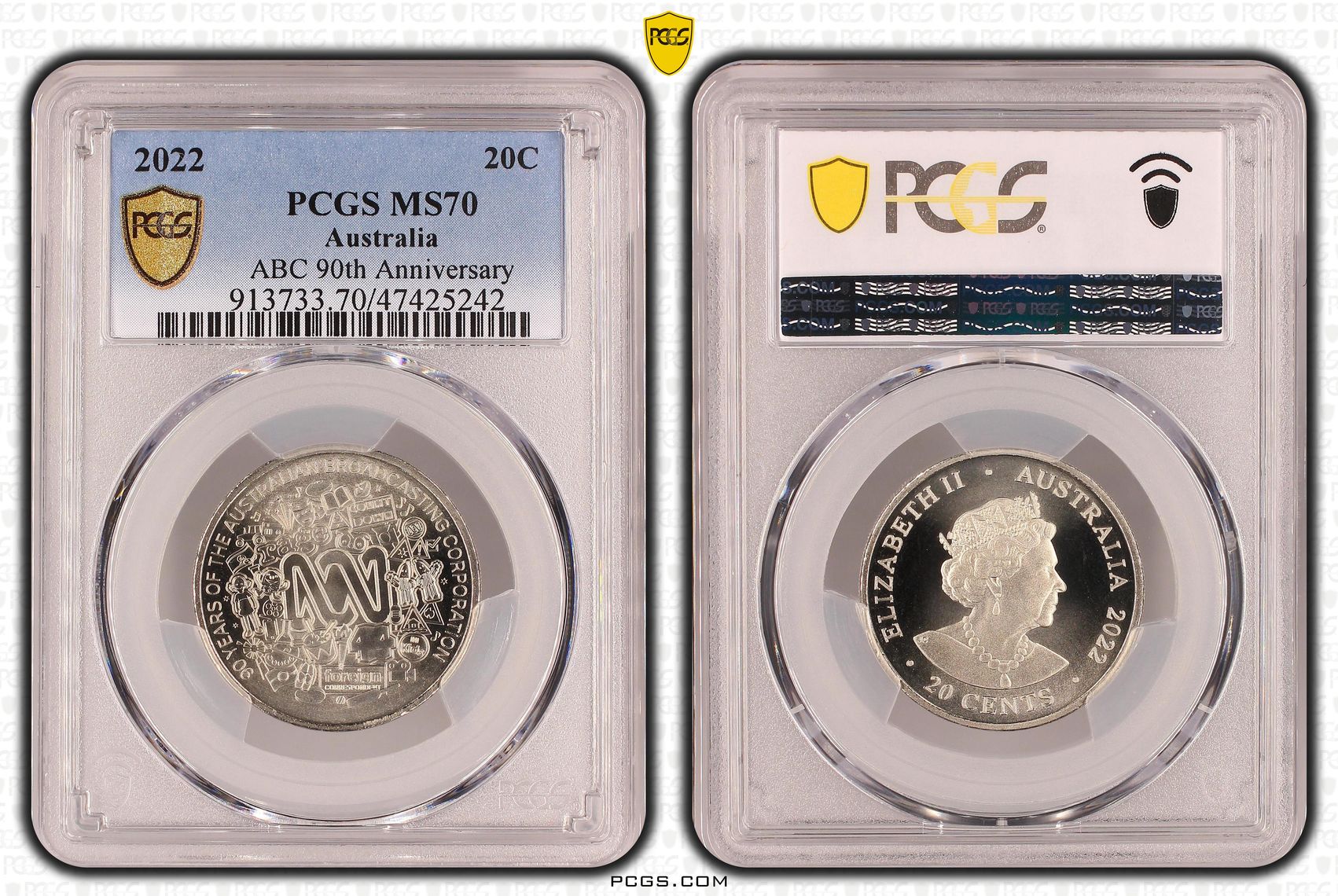 ABC 90th Anniversary, Twenty Cent, 2022, PCGS MS 70