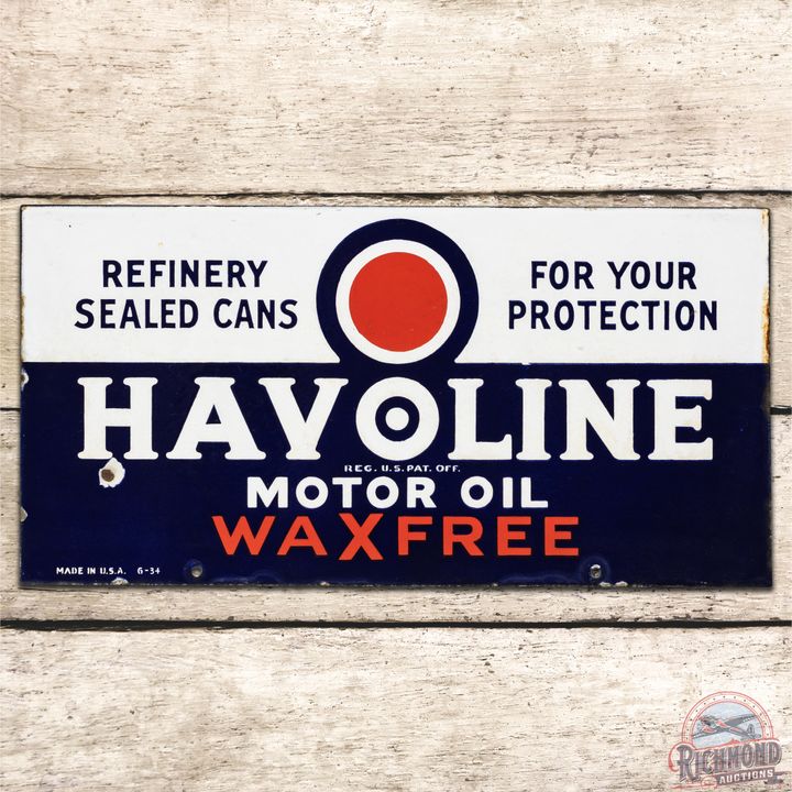 1934 Havoline "WaxFree" Motor Oil Refinery Sealed Cans DSP Sign - 9 & 8.5