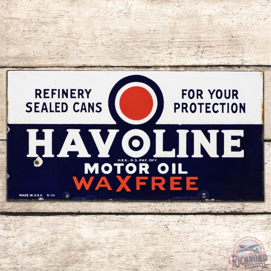 1934 Havoline "WaxFree" Motor Oil Refinery Sealed Cans DSP Sign - 9 & 8.5