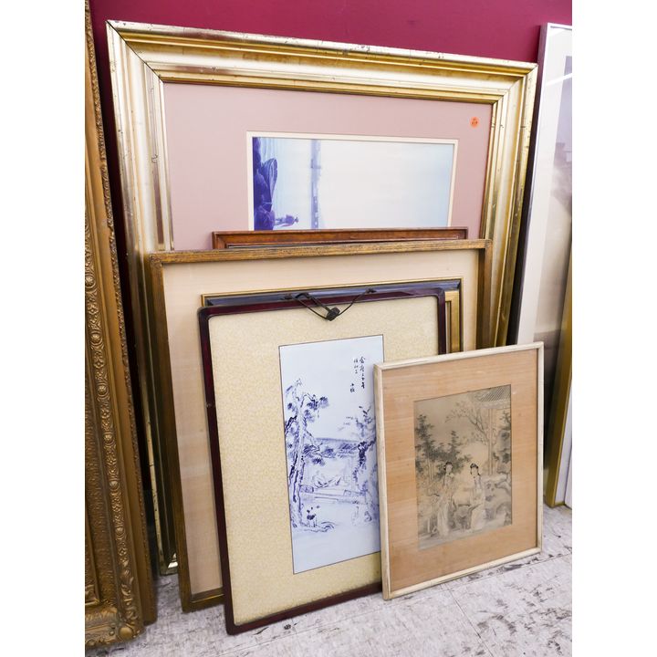 8pc Framed Asian Prints Etc- largest 37x29''
