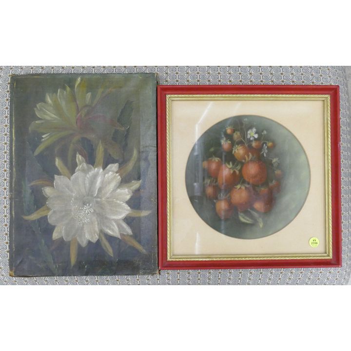 2pc Antique Floral & Strawberry Paintings- largest 15x11''