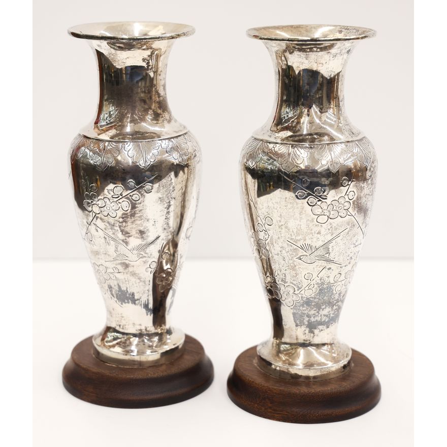 Pair Chinese Export Silver Vases on Stand