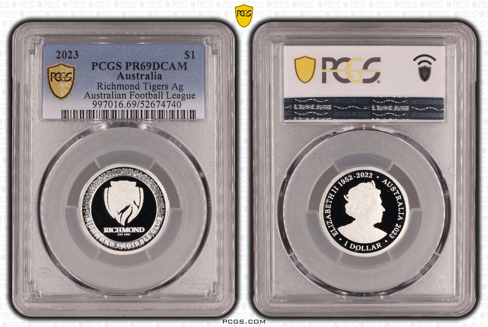 Richmond Tigers Silver Australian Football League, POP 1/0, One Dollar, 2023, PCGS PR69DCAM