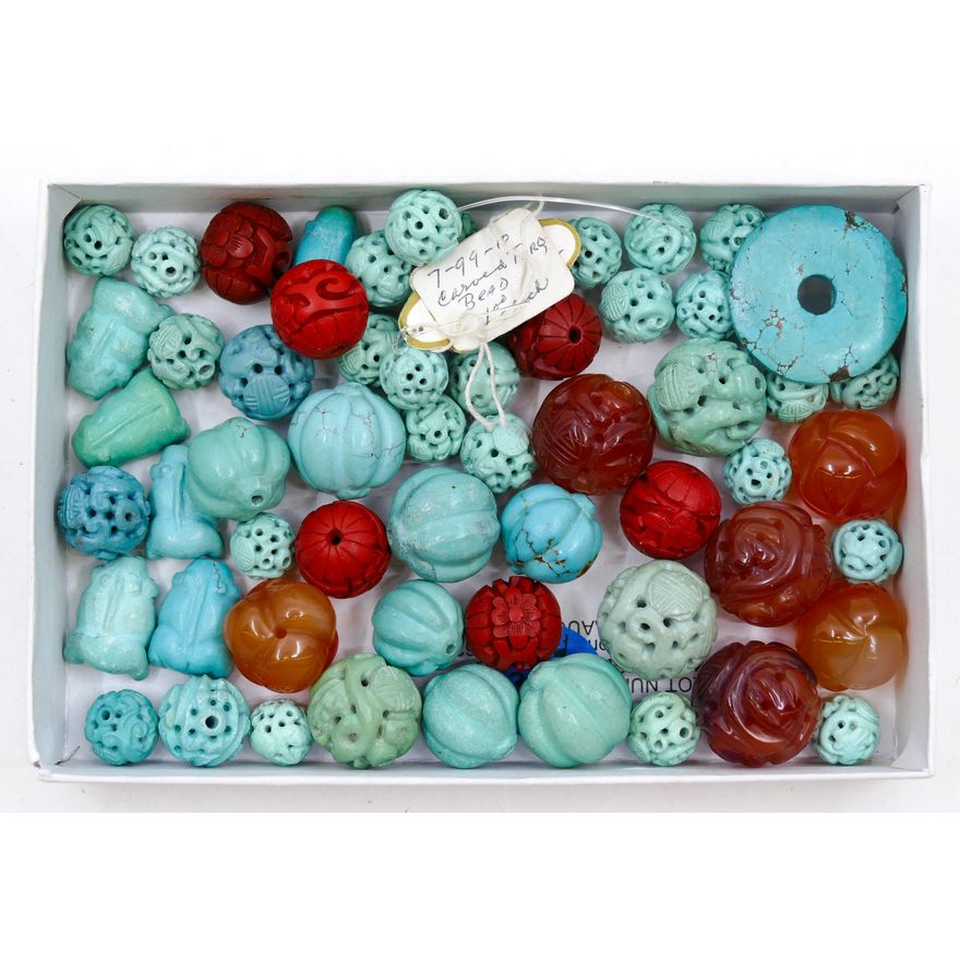 Box Old Chinese Carved Turquoise Beads etc.